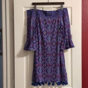 CABANA LIFE Blue/Pink Floral-Smocked Neck Off The Shoulder Dress Size L NWT